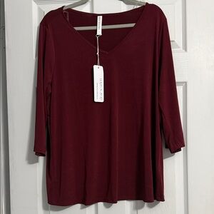 Scarlett Burgundy V-Neck 3/4 Length Sleeve Blouse